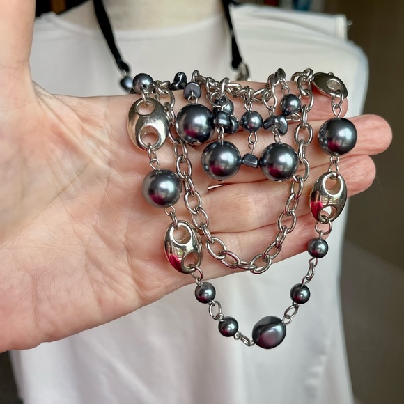 Necklace silver/gray beads black ribbon asymmetrical  jewelry - Picture 14 of 15